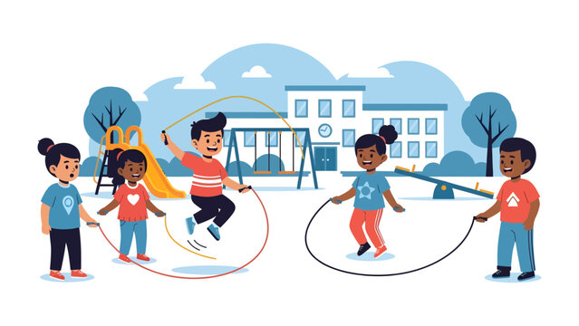 Playground Fun: A vibrant illustration capturing children joyfully skipping rope on a sunny day at the playground, with a school building in the background. 