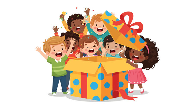 Joyful Surprise: A burst of glee as a group of children eagerly unwrap a large gift box, their faces alight with excitement and anticipation.