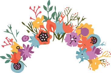 Fototapeta premium PrintColorful Hand Drawn Floral Arch Illustration with Spring Wildflowers and Green Leaves Isolated on White Background