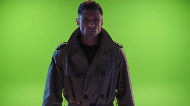 Green screen detective standing in a trench coat for cinema production