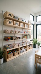 Obraz premium Labeled wooden shelves and baskets organize toys and art supplies in a bright room. A Montessori inspired space promoting independence and order. Ideal for home decor or parenting blogs.