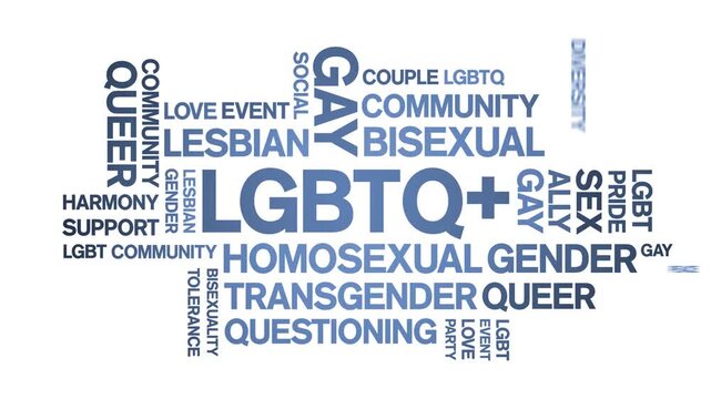 LGBTQ+ animated word cloud-text design animation tag kinetic typography seamless loop.