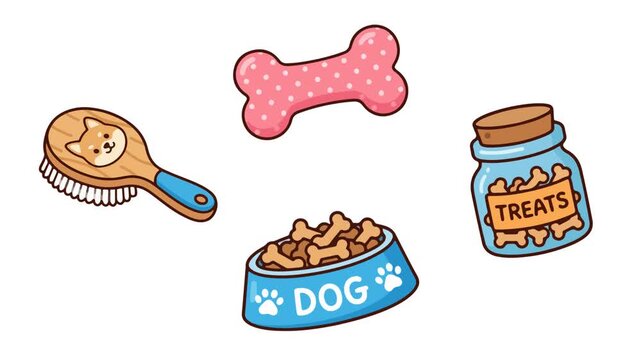 Animated dog grooming brush and bone toy with a bowl of crunchy food and a jar of tasty treats