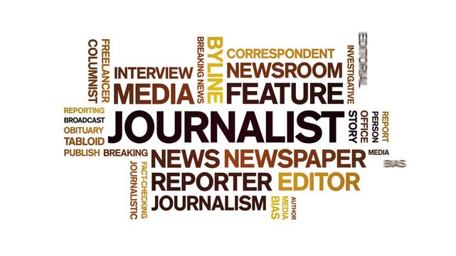 Journalist animated word cloud-text design animation tag kinetic typography seamless loop.