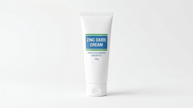 White tube of zinc oxide cream with blue and green label on white background