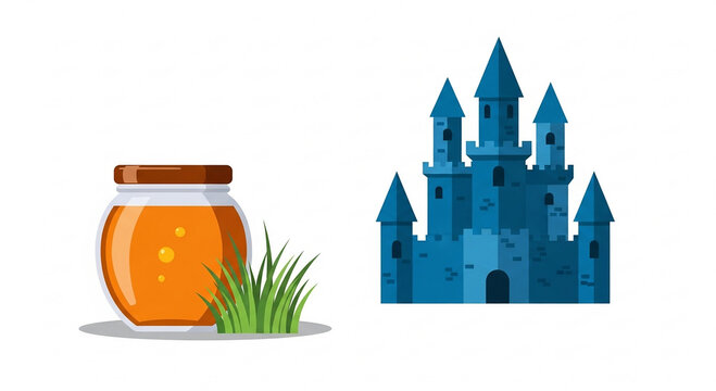 Illustration depicting a honey jar and a blue castle in a flat design style