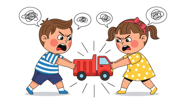 Children's Conflict: A cartoon depicts two children engaged in a heated dispute, each pulling on a red toy truck, with angry expressions. The image captures the essence of childhood disagreement.