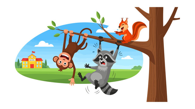Playful Moments: A vibrant illustration depicts a lighthearted scene of a monkey, raccoon, and squirrel interacting on a tree branch, creating a joyful spectacle against the backdrop of a bright day.