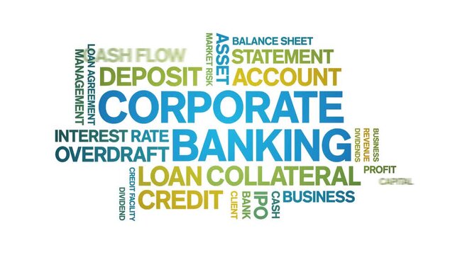 Corporate Banking animated word cloud-text design animation tag kinetic typography seamless loop.