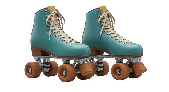 Teal roller skates with tan laces and wheels on transparent background perfect for hobby and leisure activities