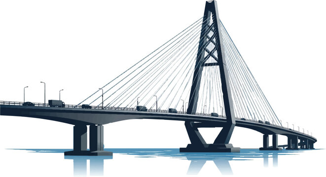 Modern cable-stayed bridge vector illustration, architectural suspension bridge with traffic over water, steel engineering landmark icon
