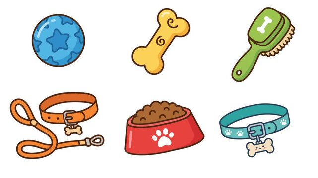 Animated set of cute puppy accessories including a ball bone brush leash bowl and collars for training and pet care
