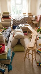 A living room converted into an obstacle course with cushions, blankets, and wooden stools. This scene represents childhood creativity and home play. Ideal for parenting or education blogs.