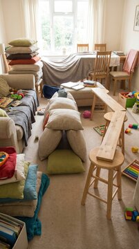 A living room converted into an obstacle course with cushions, blankets, and wooden stools. This scene represents childhood creativity and home play. Ideal for parenting or education blogs.