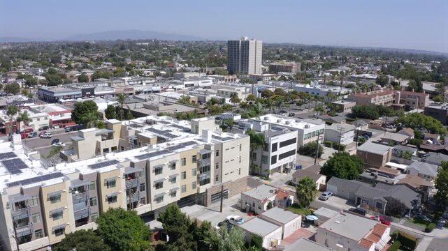Aerial view of the dense urban downtown core of Chula Vista, California, USA.