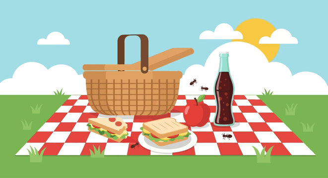 Ants invade a sunny picnic with sandwiches and drinks.