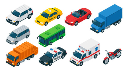 Isometric Vehicle Collection with Taxi, Bus, Truck, Ambulance, Police Car, Motorcycle, and Transport Icons for Urban Transportation Vector Design © UIC STUDIO