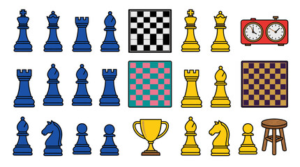 Chess Game Icon Collection with Chessboard, Pieces, Clock, and Trophy Symbols for Strategy Competition and Board Game Vector Design © UIC STUDIO