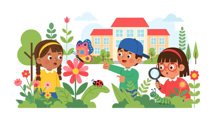 Fototapeta premium Kids' Discovery Adventure: Three young explorers with different backgrounds, immersed in a vibrant garden, discover a butterfly and a ladybug, igniting curiosity, excitement.