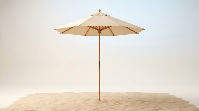 Single beach umbrella on sand, minimalist summer vacation concept, isolated studio shot