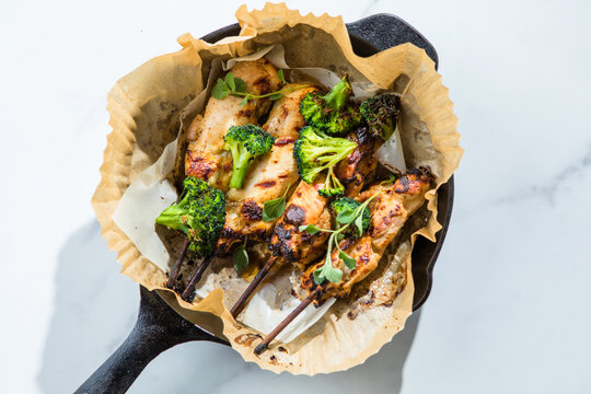 healthy shish kebab - grilled bbq chicken turkish meat on skewers over charcoal brazier outdoor