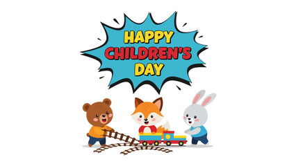 Fototapeta premium Joyful Children's Day Celebration: Cute illustrations of bear, fox, and rabbit come together, playing with toy train to celebrate Children's Day. The scene radiates with happiness and innocence.