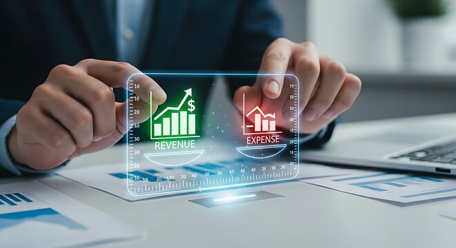 Break-even point analysis. A financial analyst's hands adjust a holographic scale until a 'revenue' icon and an 'expense' icon are perfectly balanced.