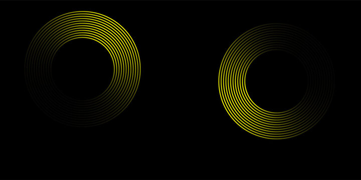 Abstract Black Background with Luminous Yellow Neon Concentric Circles and Speed Lines