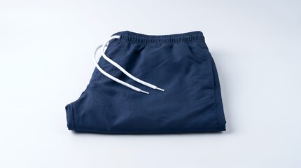 Fototapeta premium Folded Navy Blue Swim Trunks with White Drawstrings on White Background