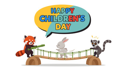 Fototapeta premium Children's Day: Delightful cartoon characters celebrate Children's Day in a vibrant, heartwarming scene. Playful animal characters engage in playful activity.