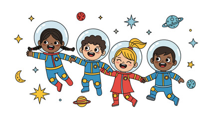 Kids Embrace Space Adventure: A vibrant illustration depicts children as brave astronauts exploring the cosmos, dreaming of limitless exploration and discovery.  © Abu