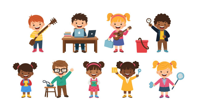 Children's Playful Activities: A vibrant illustration showcasing a collection of diverse children engaged in various fun and creative activities.