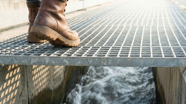 Work boots standing on industrial metal grate above fast-flowing water, symbolizing engineering and infrastructure maintenance.