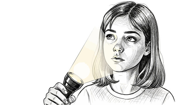 Young girl holding a flashlight, looking up with curiosity and wonder.