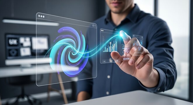 Good user experience (UX) concept. A designer's hand traces a smooth, fluid path through a holographic app interface, representing great UX.