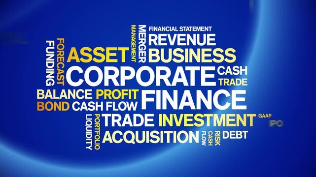 Corporate Finance animated word cloud-text design animation tag kinetic typography seamless loop.