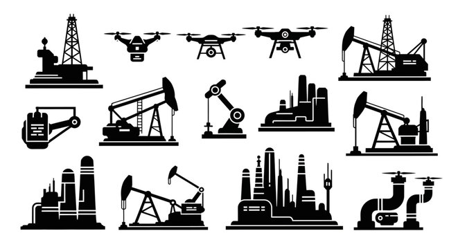 Industrial technology icons representing oil extraction, manufacturing plants, and drones