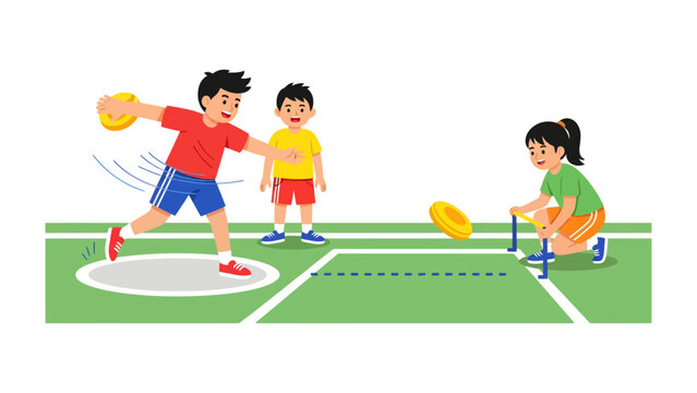 Young Discus Throwers in Action: Dynamic illustration showcasing children engaged in a discus throwing competition, emphasizing the grace and athleticism of the sport.