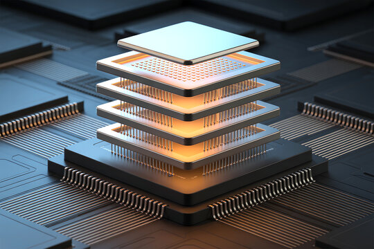 Stack of advanced microprocessor chips on circuit board with integrated circuit