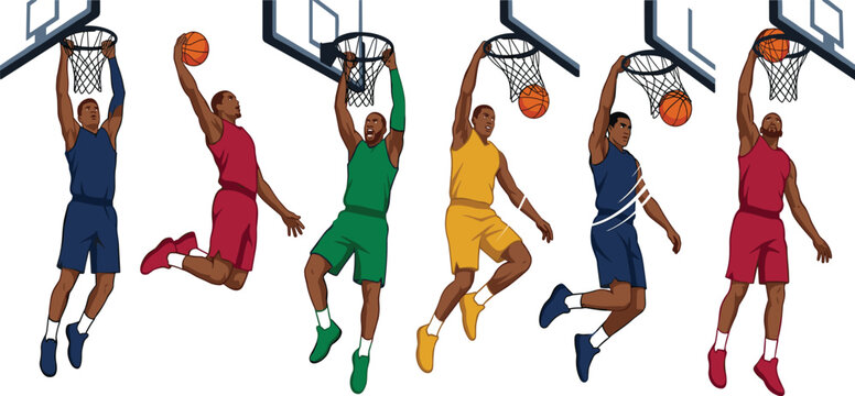 Basketball Players Slam Dunking Vector Illustration Set in Colorful Team Uniforms with Hoops