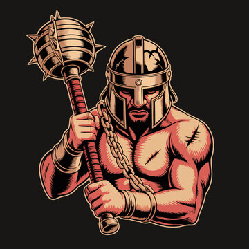Muscular man wearing ancient helmet.