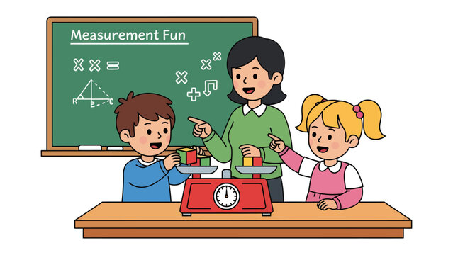 Measurement Fun: A teacher guides young students in a hands-on measurement activity using a scale, fostering early math skills and exploration in a classroom setting.