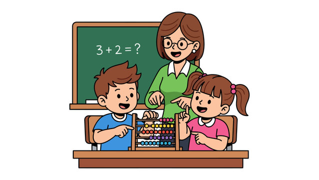 Classroom Learning: A warm classroom scene, a teacher guides two young students in a basic math lesson using an abacus. A scene of education and joy.