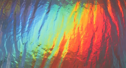 Fototapeta premium Rainbow light on textured ice wall, colorful frozen cave surface