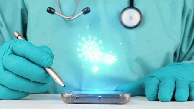 Doctor dressed in green uses smartphone with digital virus icon window for pathogen analysis and epidemiological monitoring via smart health interface and futuristic virology