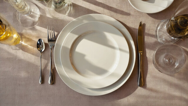 top view of table setting empty white ceramic plate with fork and knife.ai  