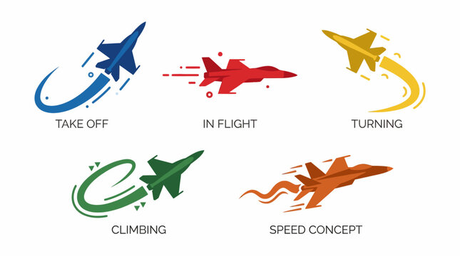 Set of 5 airplane icons representing different flight maneuvers and speeds, including takeoff, in-flight, turning, climbing, and speed concept