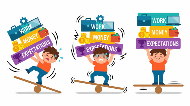 Depicting the struggle for work-life balance A person manages heavy burdens of career, finances, and expectations, striving for equilibrium and personal well-being