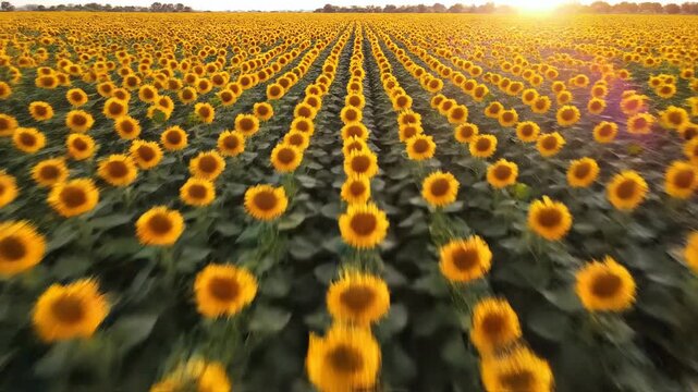 Rows of sunflowers in a field at sunset, golden hour light casting long shadows, evoking warmth and nature's bounty