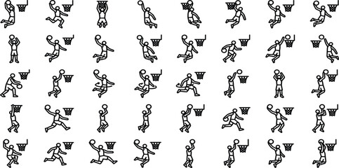 Minimalist Basketball Line Icon Set with Stick Figure Players Dunking Shooting and Dribbling © Mahan